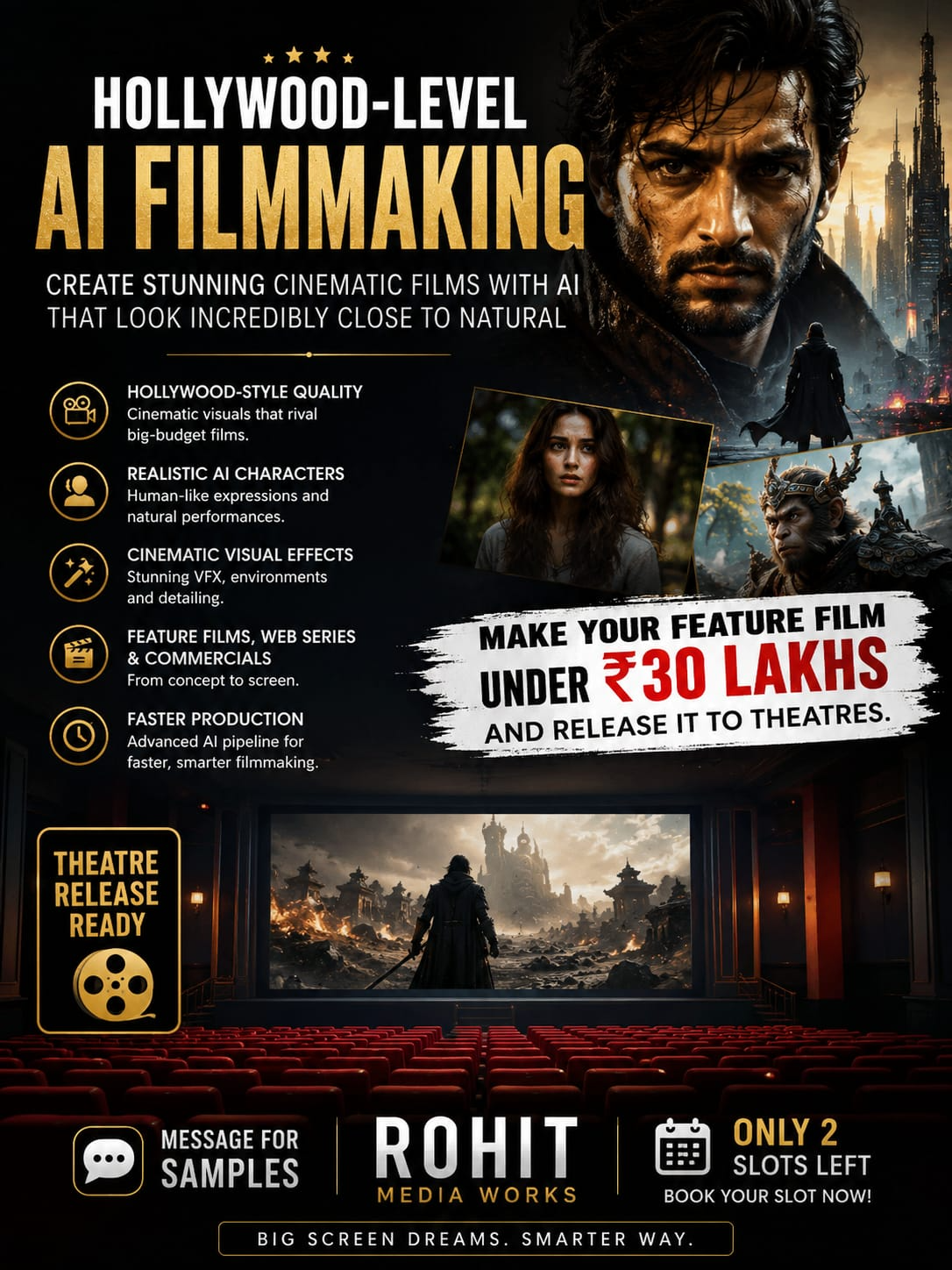 Hollywood-Level AI Filmmaking — make your feature film under ₹30 lakhs and release it to theatres. Rohit Media Works.
