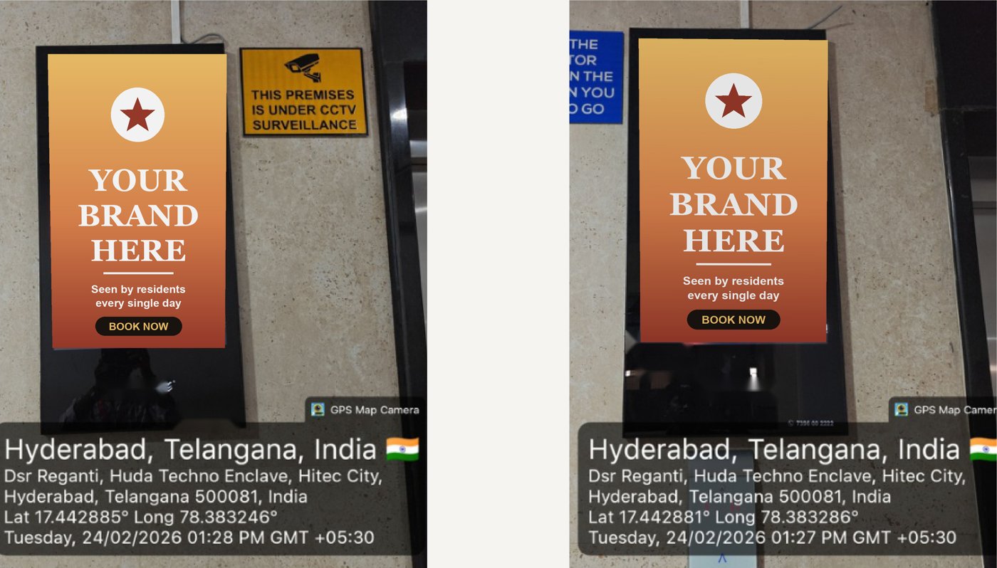 Sample brand creative on gated community lift lobby screens in HITEC City